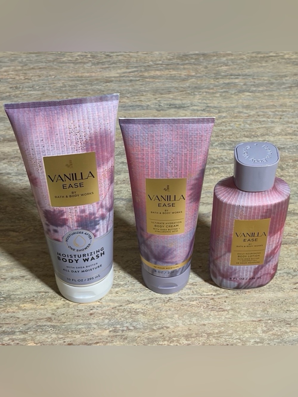 Bath & Body Works Vanilla Ease Moisturizing Body Wash, Cream, and Lotion Set -
